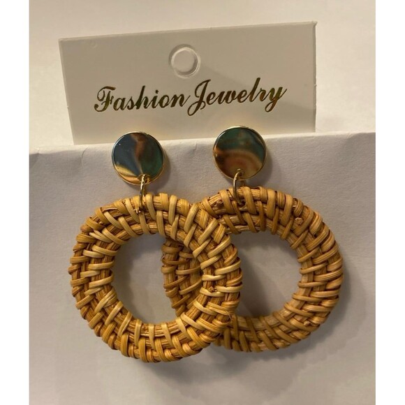 Earrings Rattan Woven Dangle Round Post Tropical Straw Unique Versatile Light - Picture 5 of 6